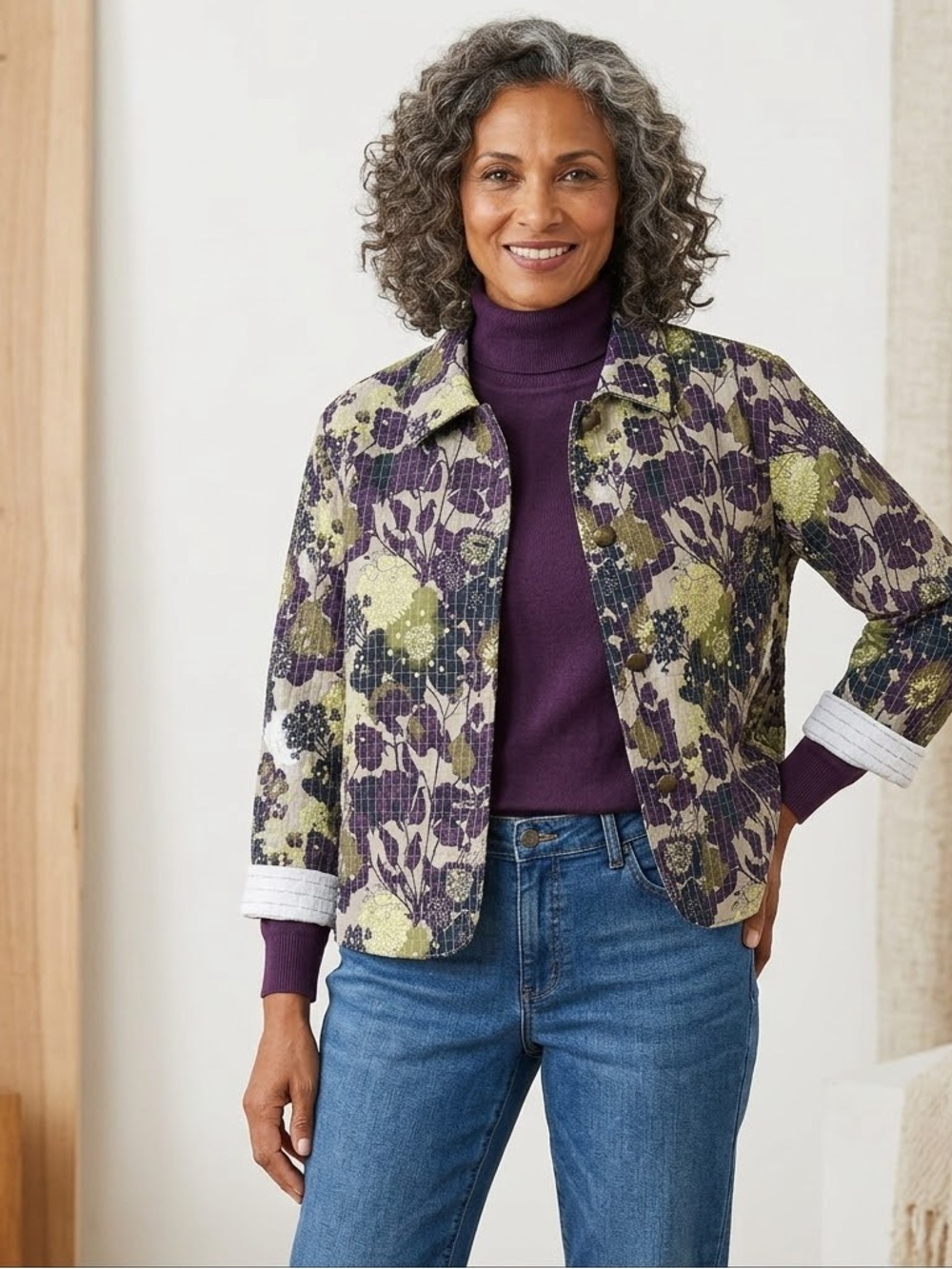 Christopher & Banks Purple and Olive Floral Quilted Jacket